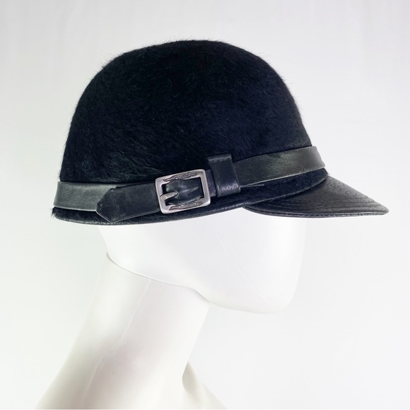 Sarah Havens Millinery Black Riding Cap Style Fur Hat with Leather Buckle - Picture 1 of 5